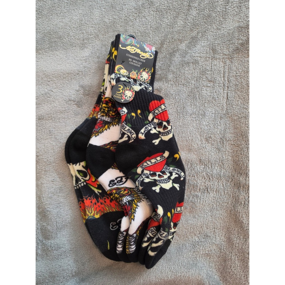 Ed Hardy Mens Cushioned Crew Socks 3 Pack Tattoo Skull Tiger Black Multi NWT